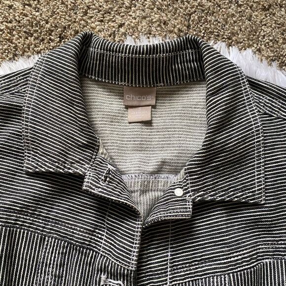 Chicos Striped Jean Jacket Button Front Black White Womens Size XL - Picture 5 of 16